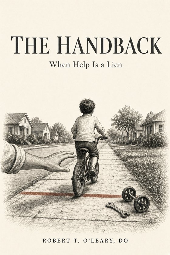 Cover of The Handback: an open closet with a cane standing inside and a pair of worn shoes on the floor in front; pen and ink, the cane handle in rust.